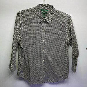 WOMEN'S RALPH LAUREN NON-IRON BUTTON DOWN SHIRT- BLACK CHECK PATTERN - LARGE